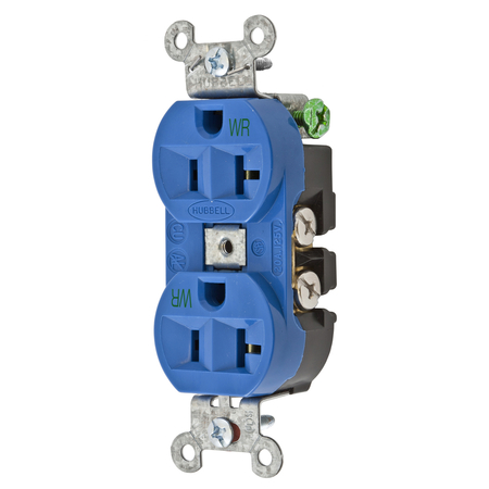 HUBBELL WIRING DEVICE-KELLEMS Straight Blade Devices, Weather Resistant Receptacles, Duplex, Commercial/Industrial Grade, 2-Pole 3-Wire Grounding, 15A 125V, 5-15R, Blue 5362BLWR